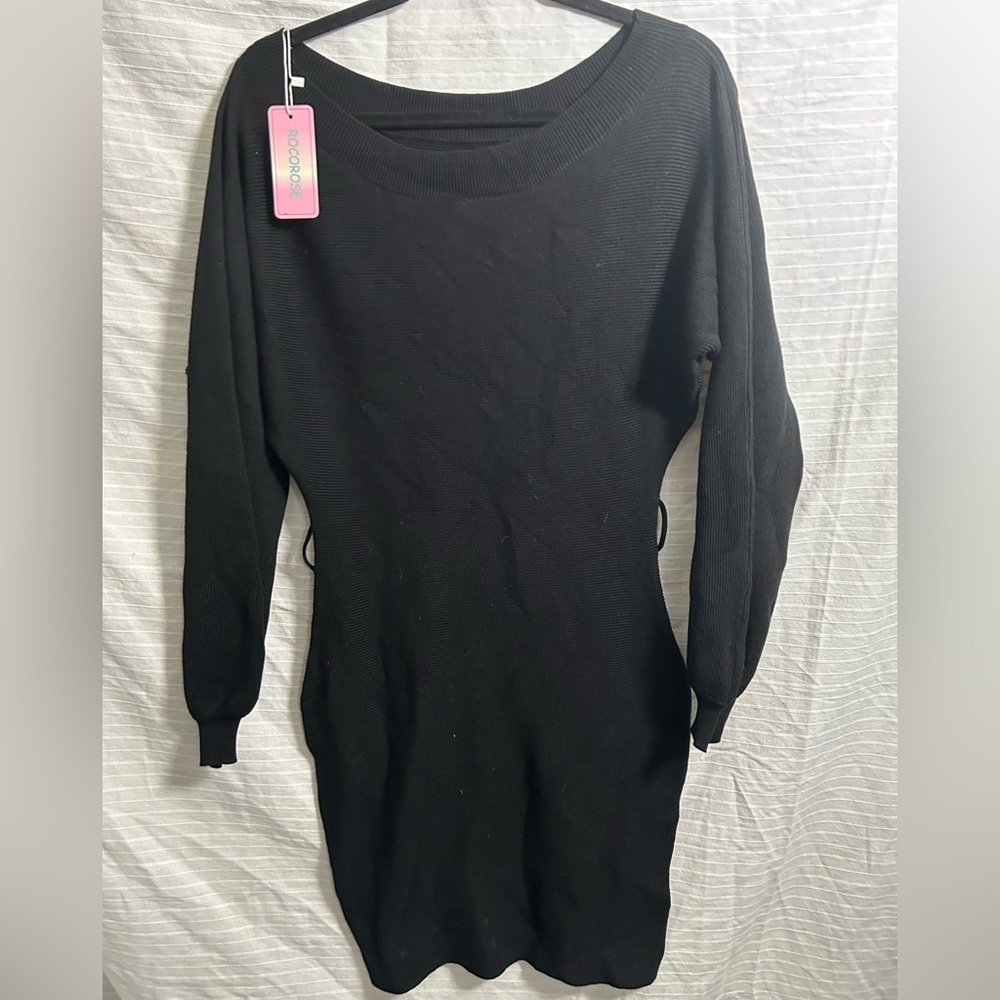 Rocorose Womens Round Neck Bodycon Long Sleeve Knit Sweater Dress Black Size S
